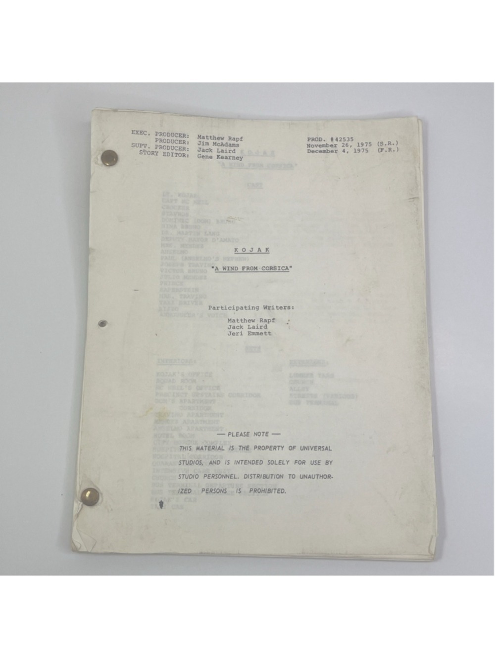 Kojak - A Wind From Corsica Television Script Prod. #42535 S3 E18 1975 US